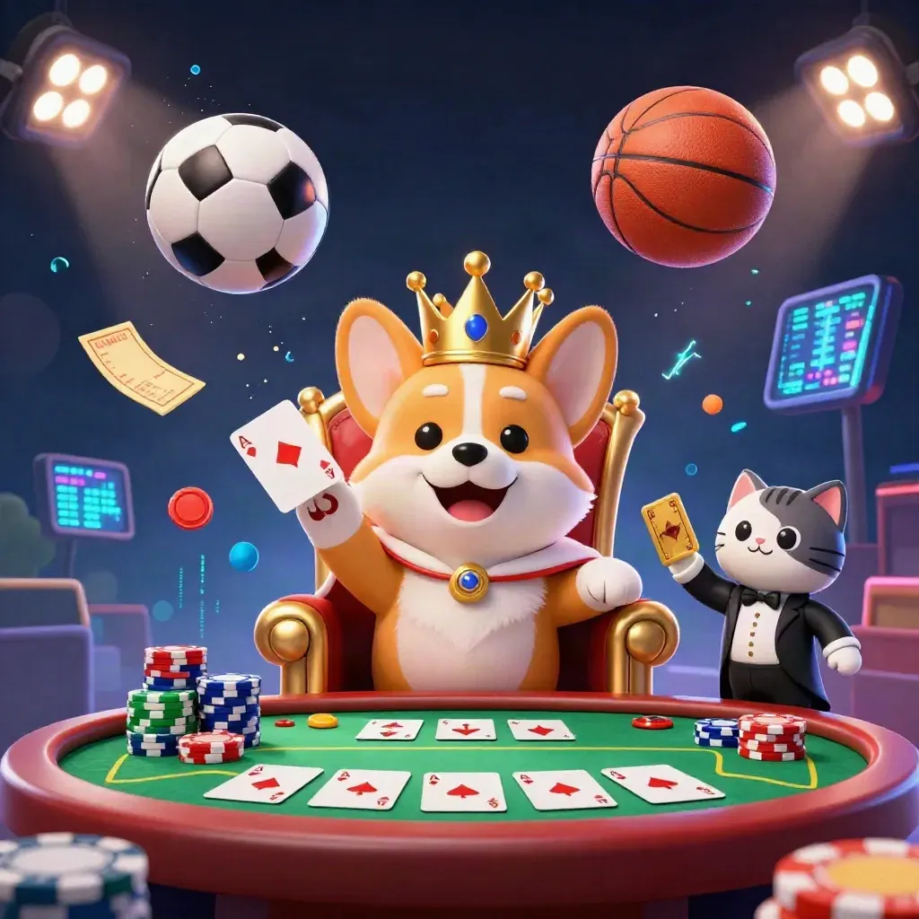 Royal corgi and cat butler amid casino chips, cards, soccer ball and basketball