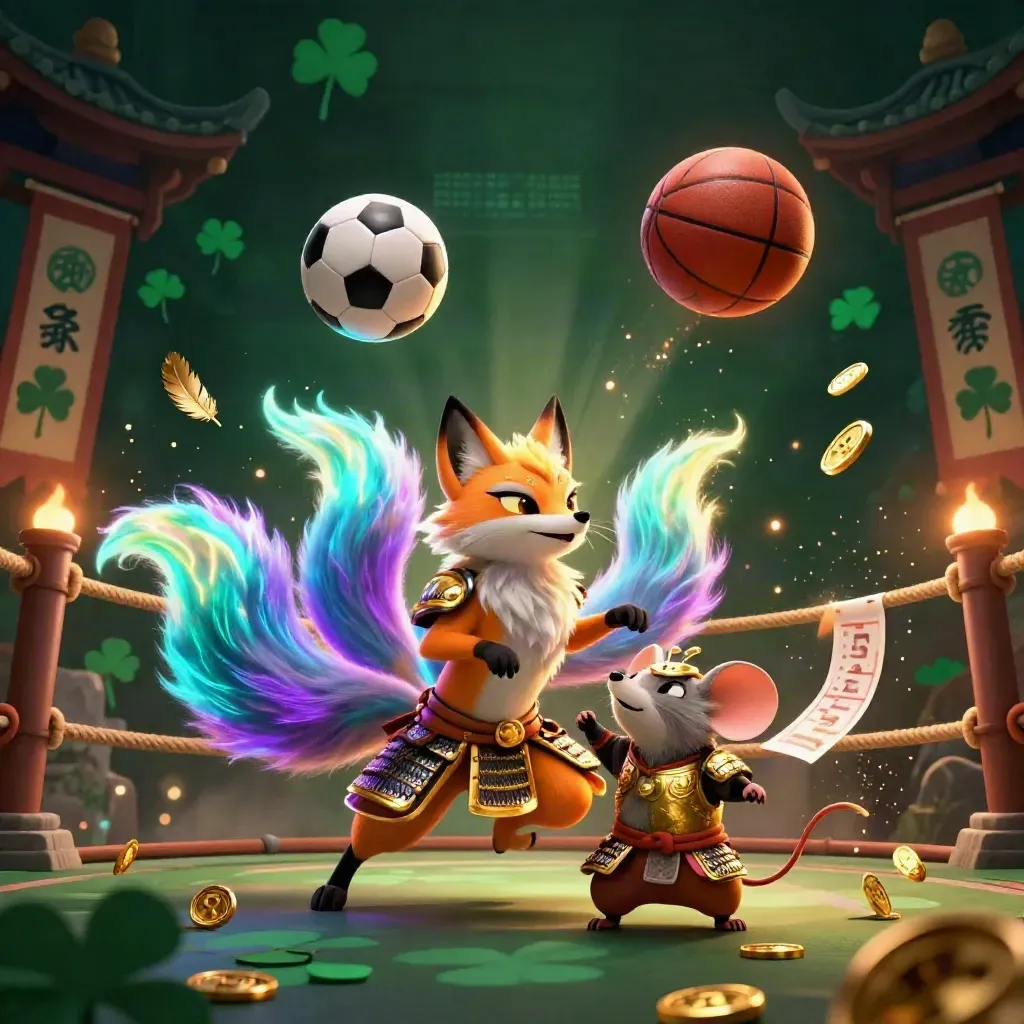 Neon fox spirit and armored mouse amid flying balls, coins, banners, and casino-gold temple light.