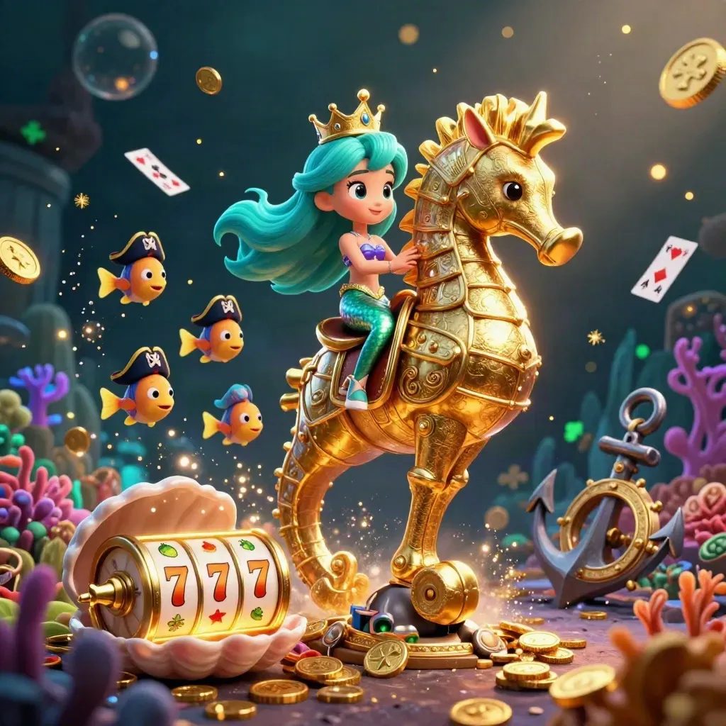 Mermaid princess on a golden seahorse in a treasure cove with coins, fish, coral, and glowing slot symbols.