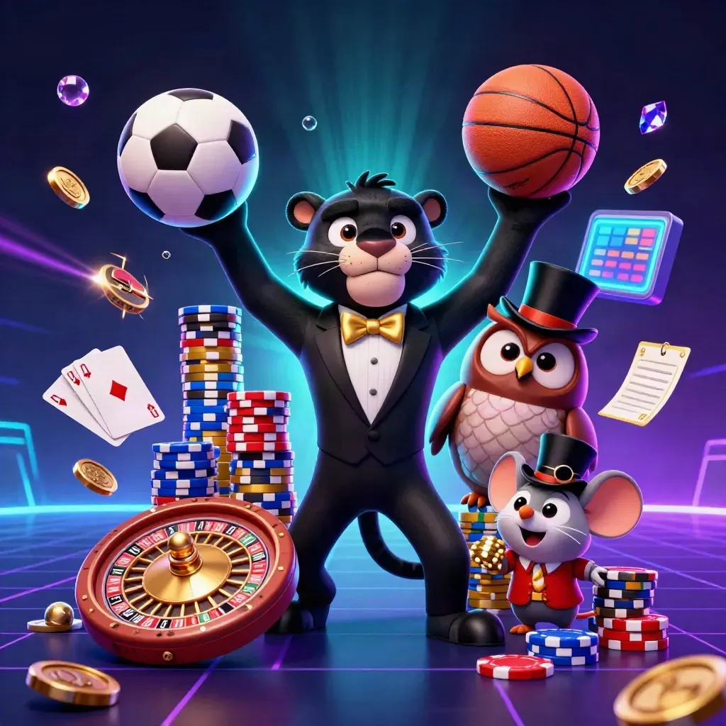 Panther, owl, and mouse amid flying chips, coins, balls, and neon casino glow.