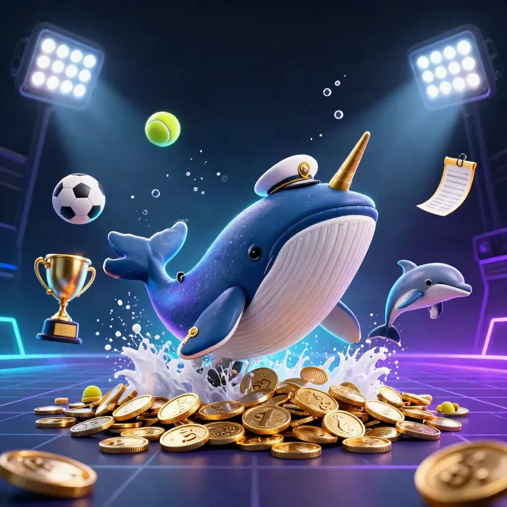 Whale captain, narwhal, and dolphins burst through coins with neon sports balls and casino lights.