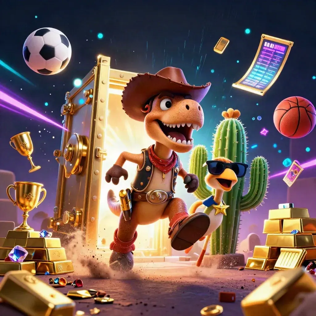 Cowboy T-Rex, cactus sidekick, and sheriff-badged roadrunner in a gold vault explosion.