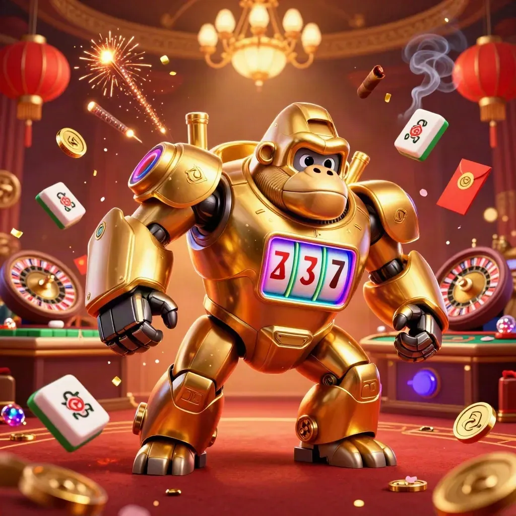 Golden gorilla mech with monkey pilot in a glowing casino room, surrounded by festive game icons.