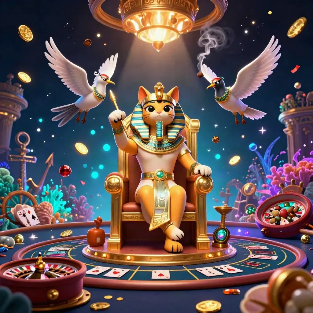 Pharaoh cat, ibis scribe, scarab beetles, casino treasure, neon magic, and gold coins.