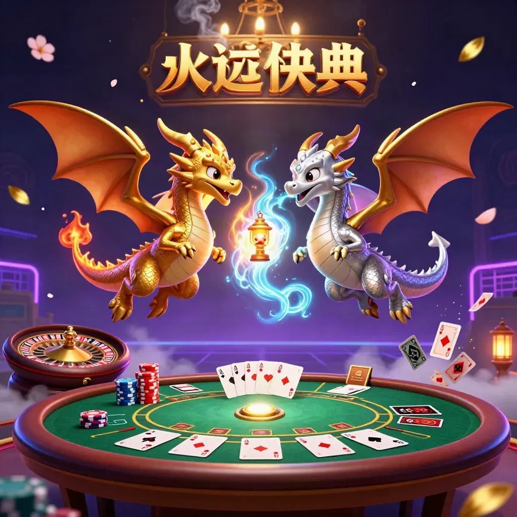 Twin gold and silver dragons spiral over a neon casino table with cards, chips, and glowing lights.
