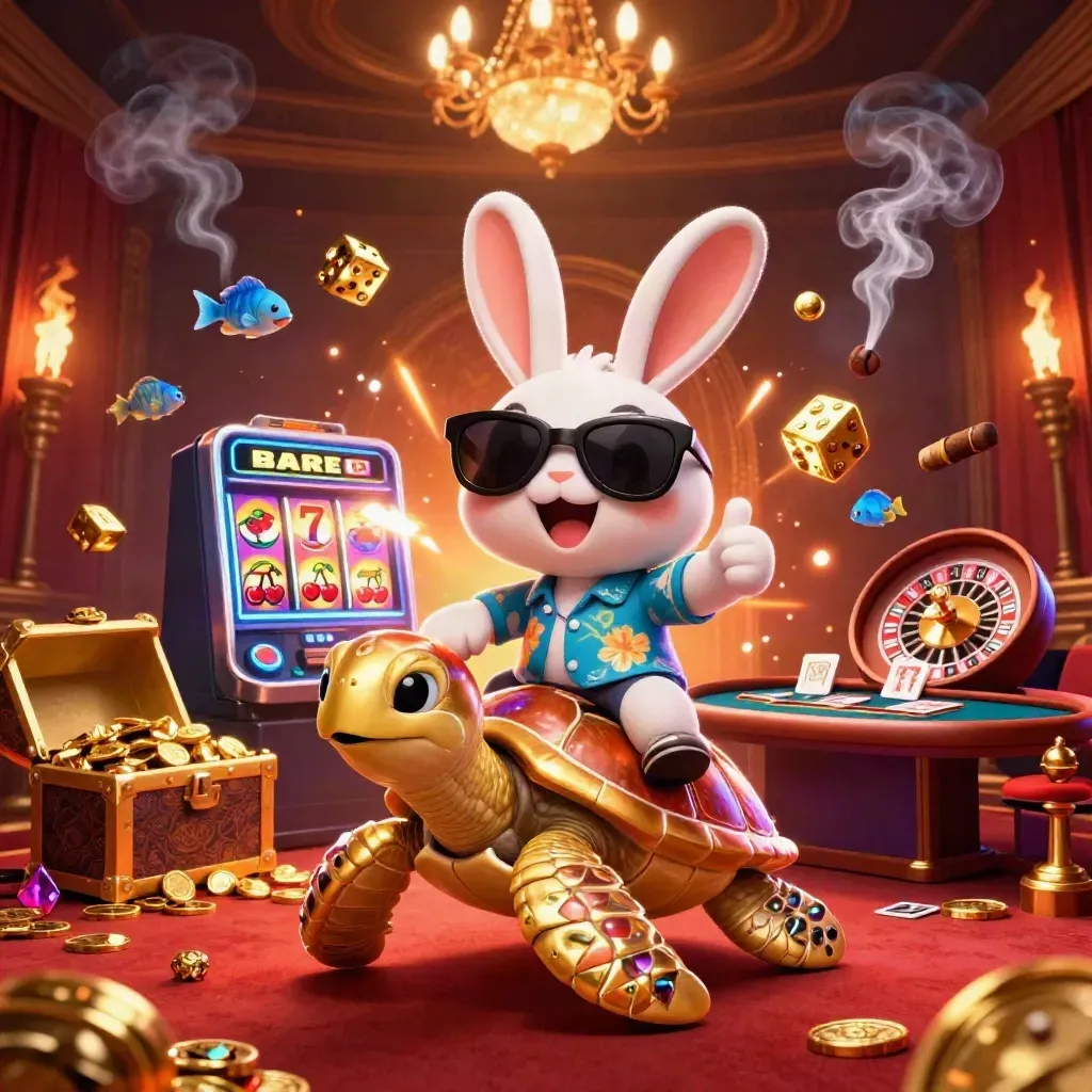 Lucky rabbit rides a gold sea turtle amid slot machine bursts, casino glow, and jewels.