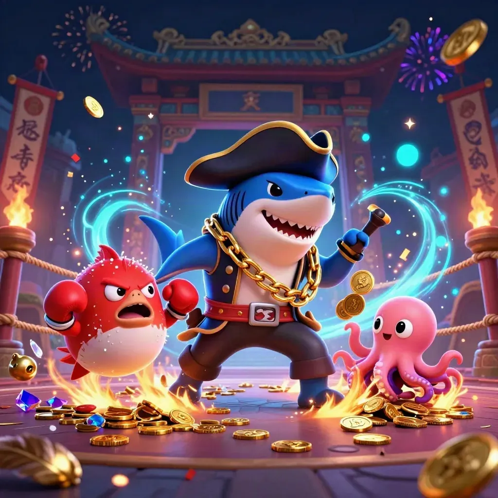 Pirate shark, boxing pufferfish, and coin-juggling octopus in neon treasure chaos