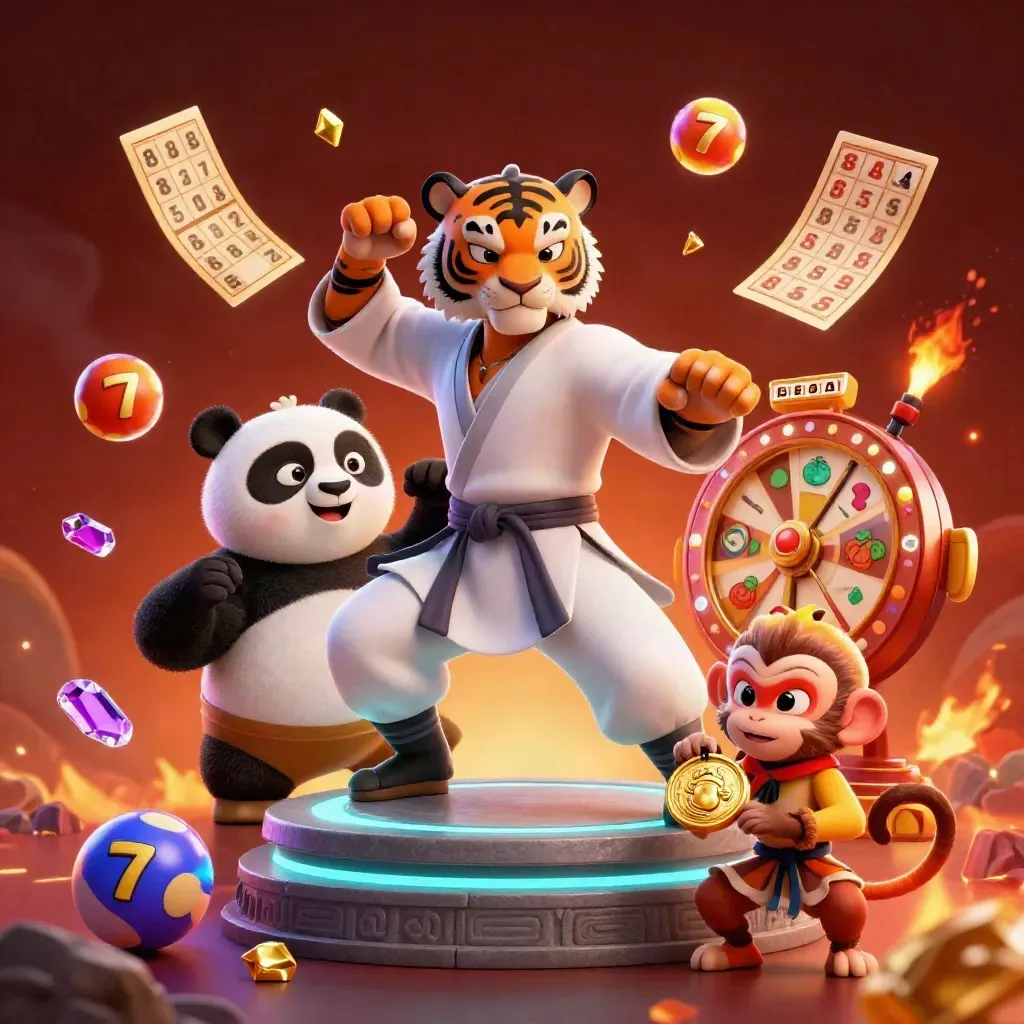 Kung-fu tiger trio amid neon casino bursts, embers, and spinning prize wheel action.