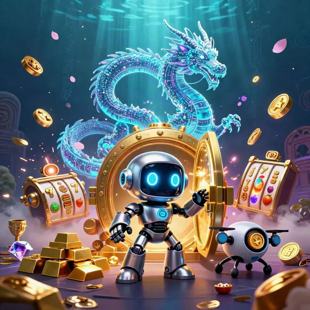 Cyberpunk robot, holographic dragon and coin drone burst from a gold vault underwater.