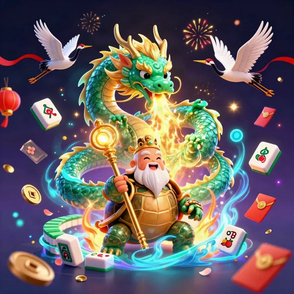 Emerald dragon, turtle sage, and cranes amid jade coins, lanterns, fireworks, and casino glow.