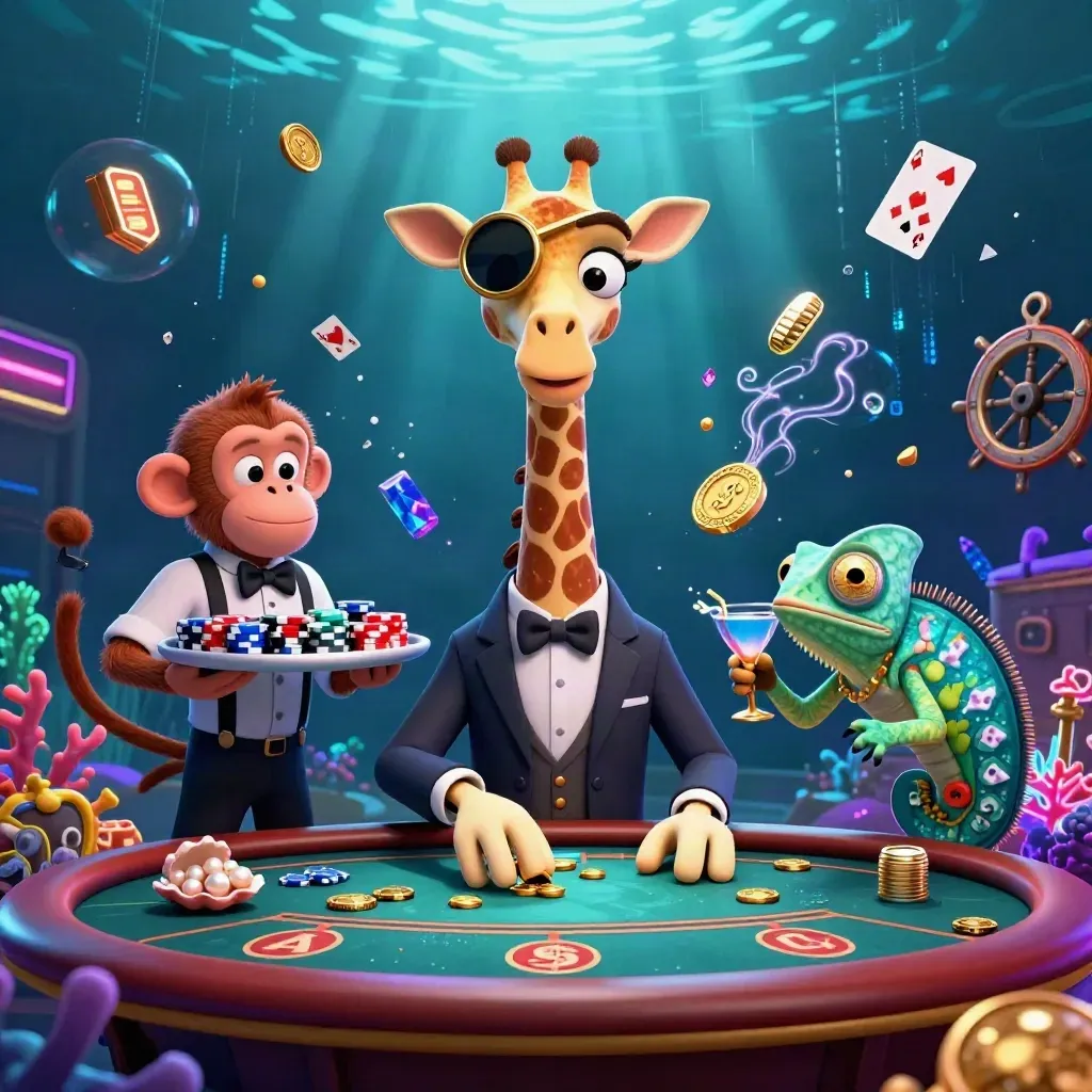 Luxury cartoon giraffe, monkey valet, and chameleon bartender amid underwater treasure and neon casino glow.