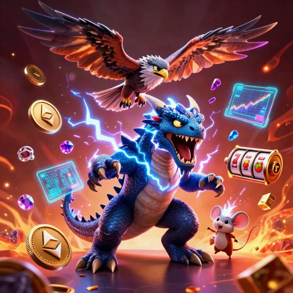 Thunder dragon, wind hawk, and static mouse amid neon coins, slots, and fiery cosmic glow.