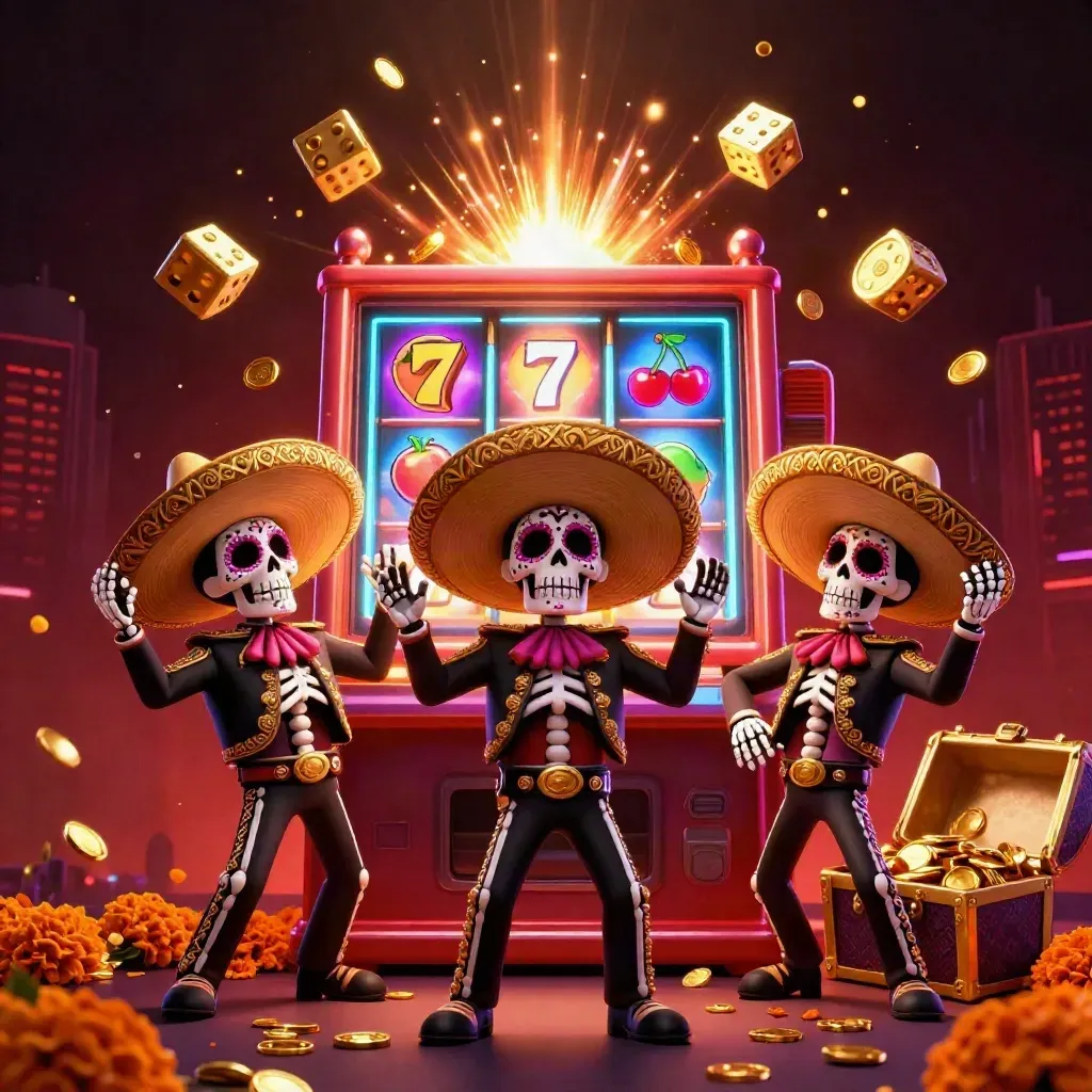 Skeleton mariachi trio amid exploding slot symbols, gold coins, and a treasure chest.