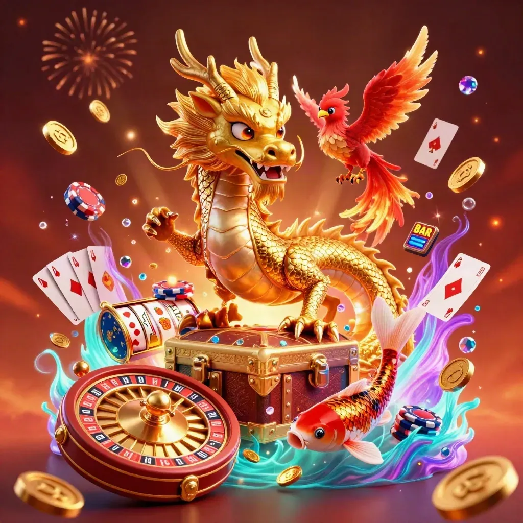Golden dragon, phoenix and koi bursting with coins, gems, roulette wheel and fireworks in neon casino glow