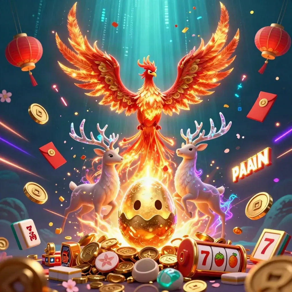 Phoenix, baby phoenix, and crystalline stag amid coins, lanterns, fireworks, and slot symbols.