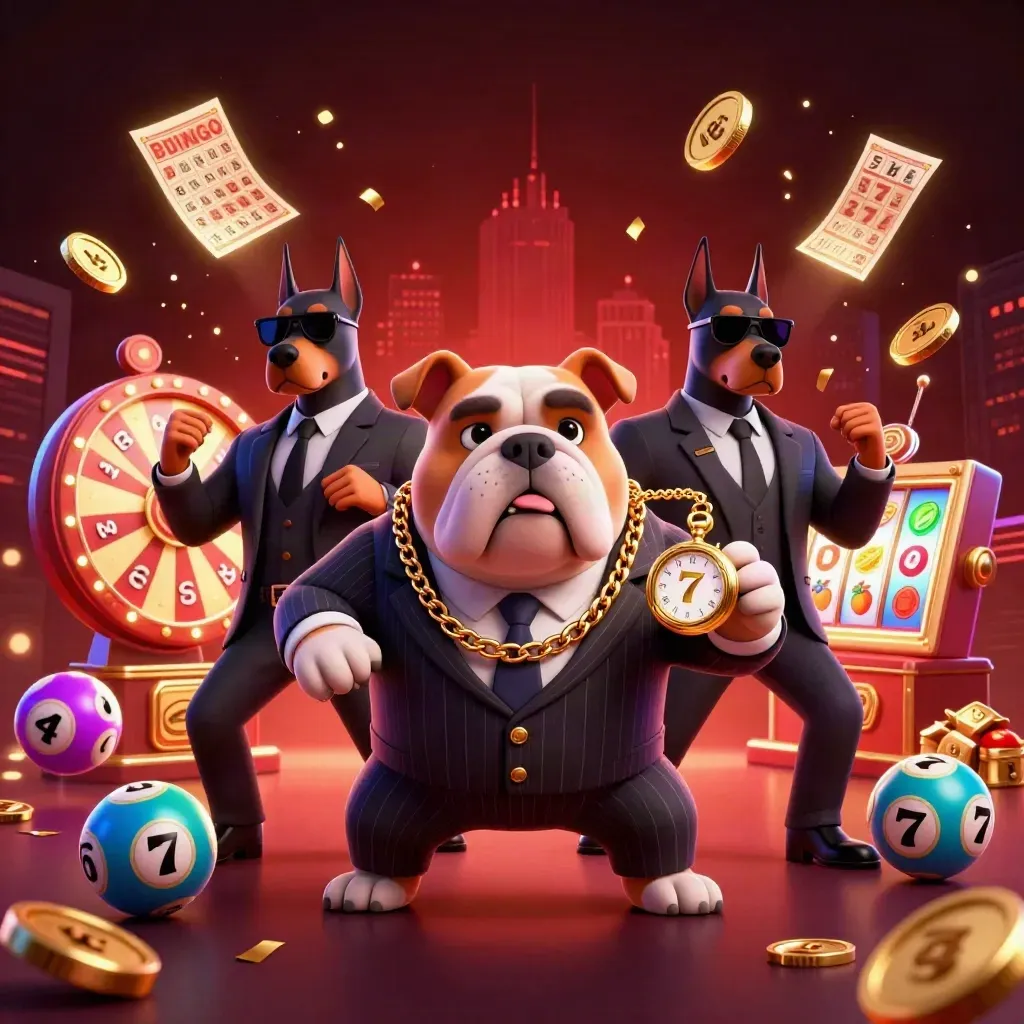 Bulldog mafia boss with two bodyguards amid coins, reels, lottery balls, fireworks, and glowing casino treasure.