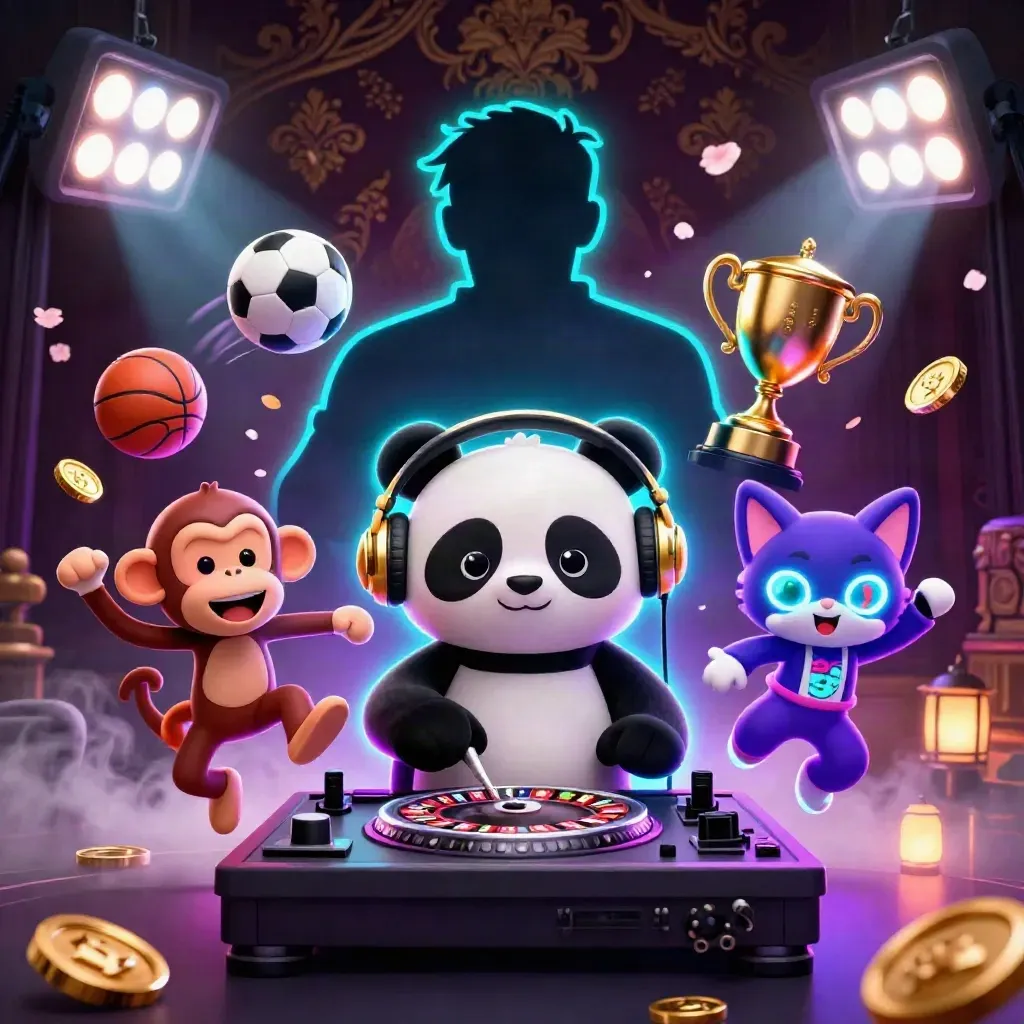DJ panda, breakdancing monkey, and glow-stick kitten amid slot reels, coins, and neon casino light