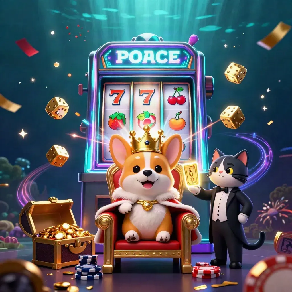 Royal corgi and cat butler amid slot symbols, gold, sparks, and neon casino glow.