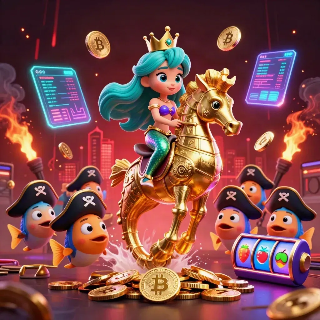 Mermaid princess on armored seahorse with pirate fish, coins, reels, and neon casino effects.