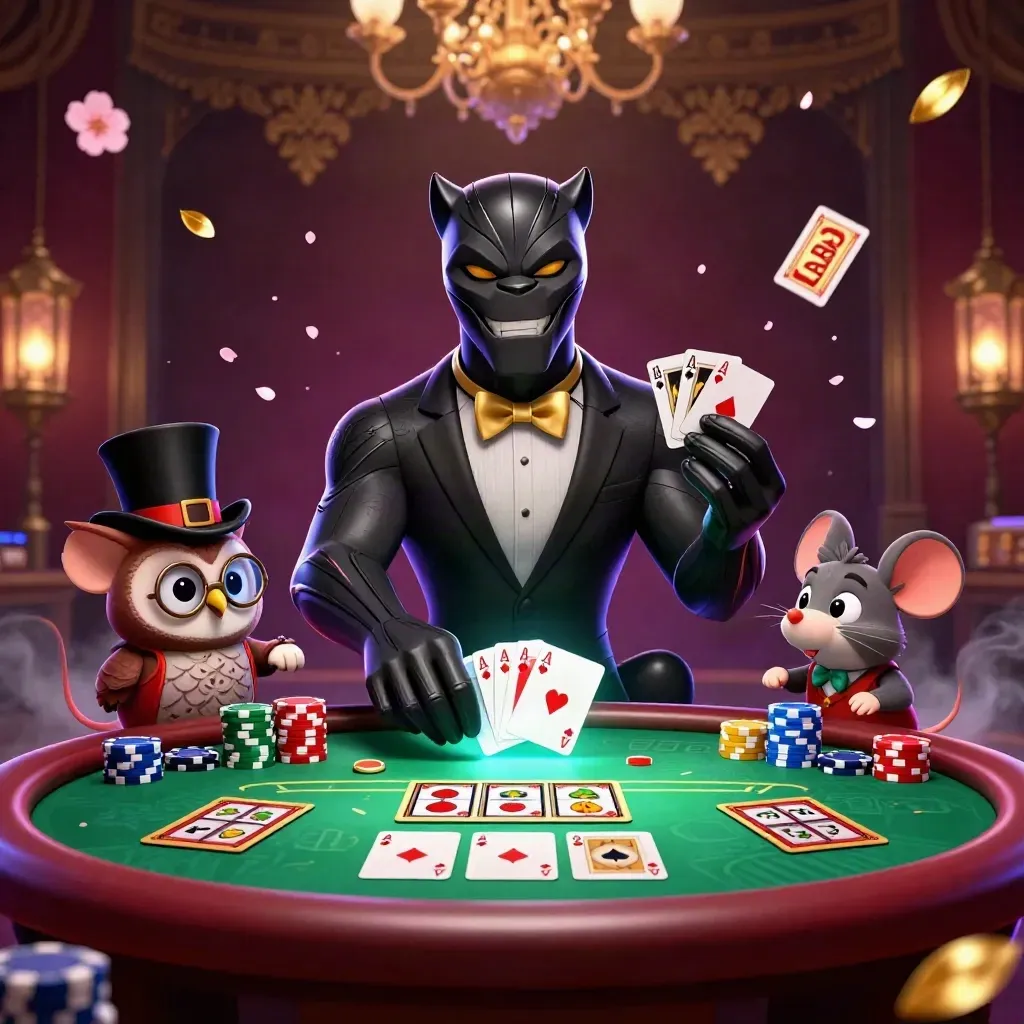 Panther, owl, and mouse amid neon chips, cards, reels, and runes on a luxe dark casino backdrop.