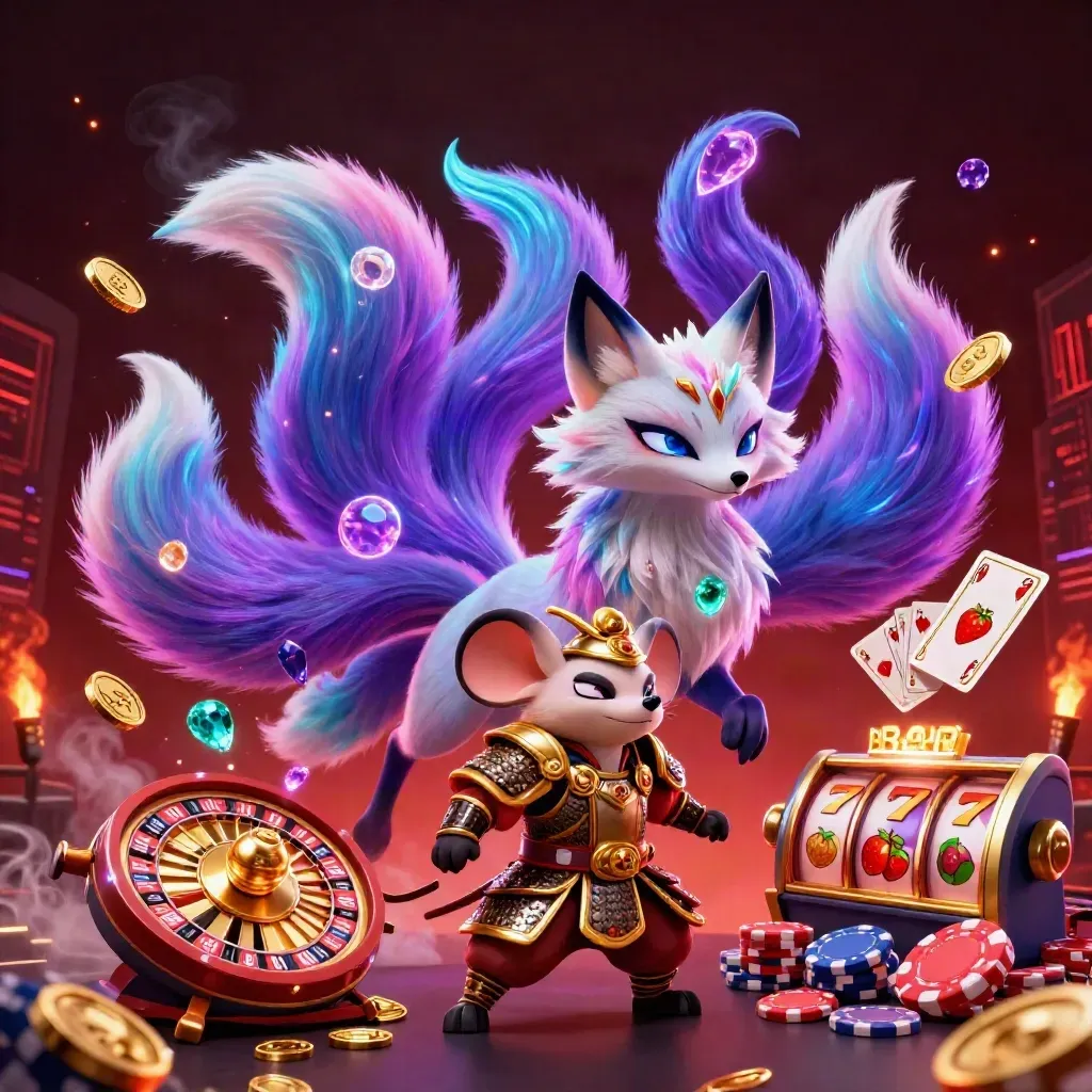 Neon fox spirit and armored mouse amid casino chips, coins, cards, reels and a roulette wheel.