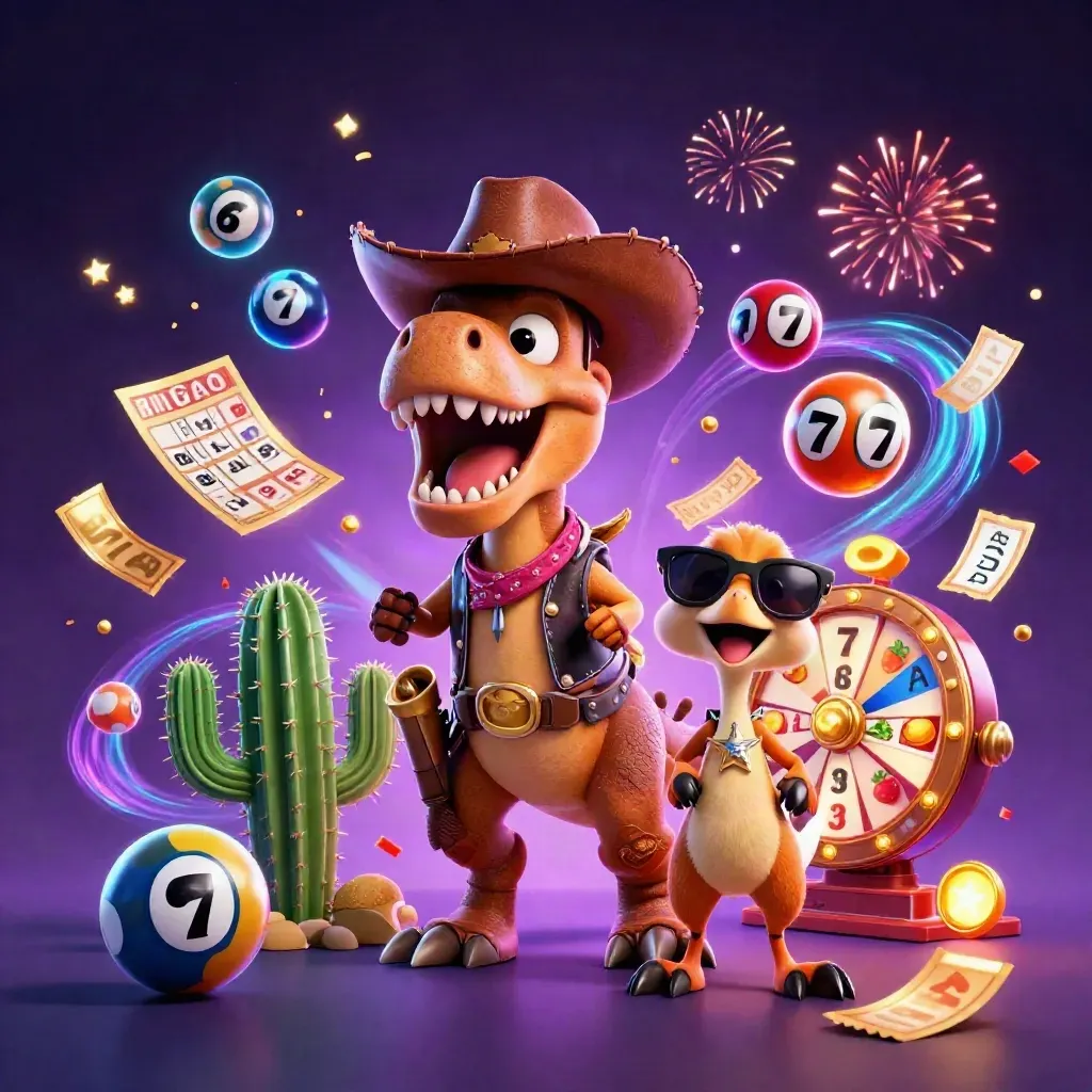 Cowboy T-Rex, cactus sidekick, and roadrunner amid casino magic, reels, tickets, and neon fireworks.