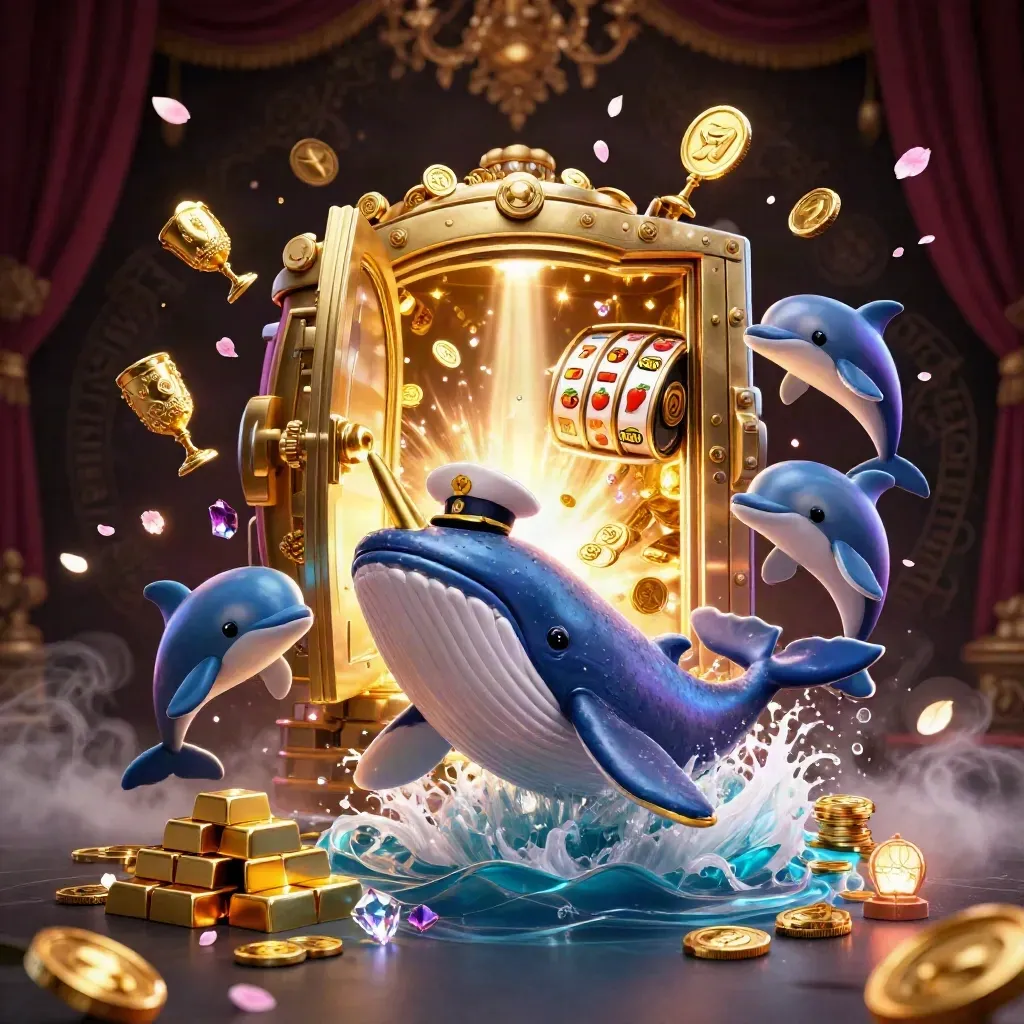 Whale captain, narwhal, and dolphins burst through coins and treasure in neon casino light.